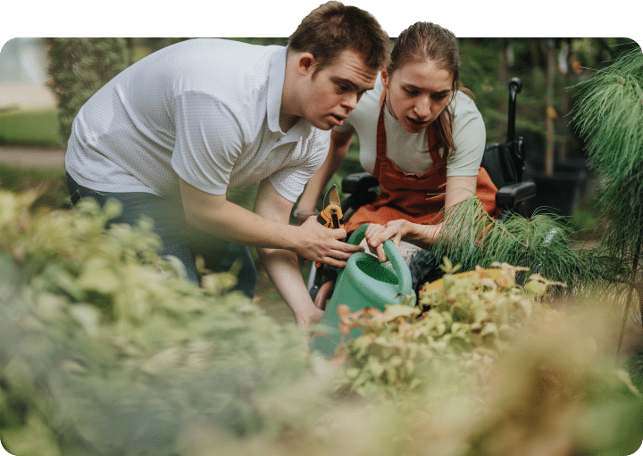 Two people work together in a garden, tending plants with gardening tools and a watering can. One person is seated in a wheelchair as both participate in the outdoor activity among trees and shrubs.